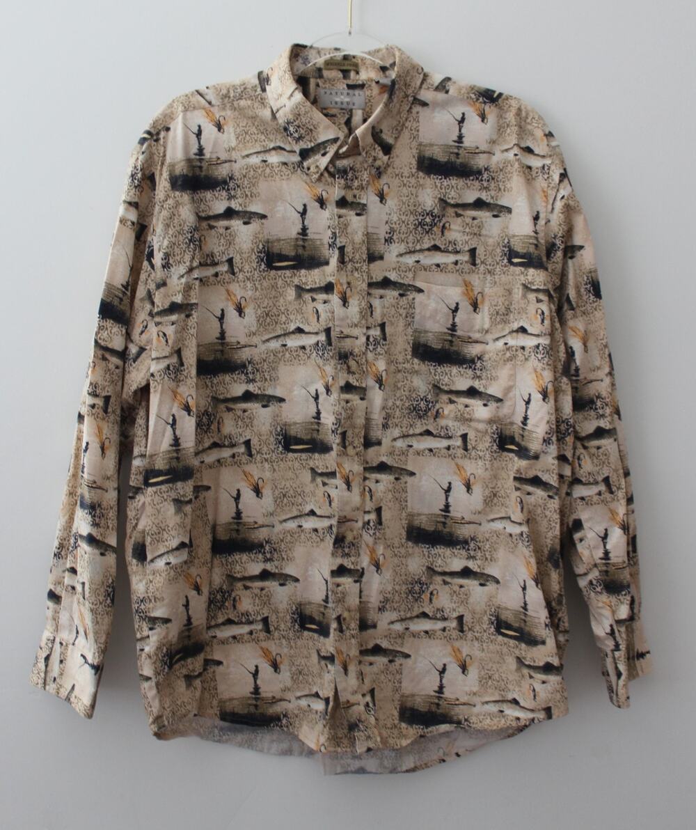 Natural Issue Mens Fly Fishing Shirt Long Sleeve Beige Fish Size L Pre-Owned
